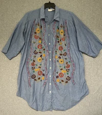 Go Softly Shirt Dress Size 2X Blue Chambray Denim Embroidered Artsy Porch House