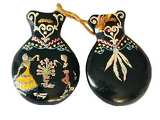 Vintage Collectible Handmade Wooden Castanets Featuring Flamenco Dancers 1960s