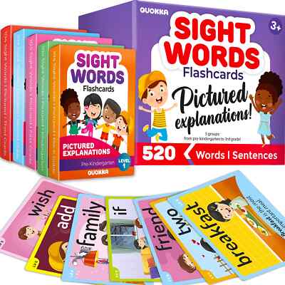 520 Sight Words Flash Cards with Images & Sentences for Kids