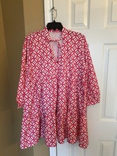 Shein Tie Collar Pink Floral Print Loose Fit Boho Vacation (Casual) Dress-Large