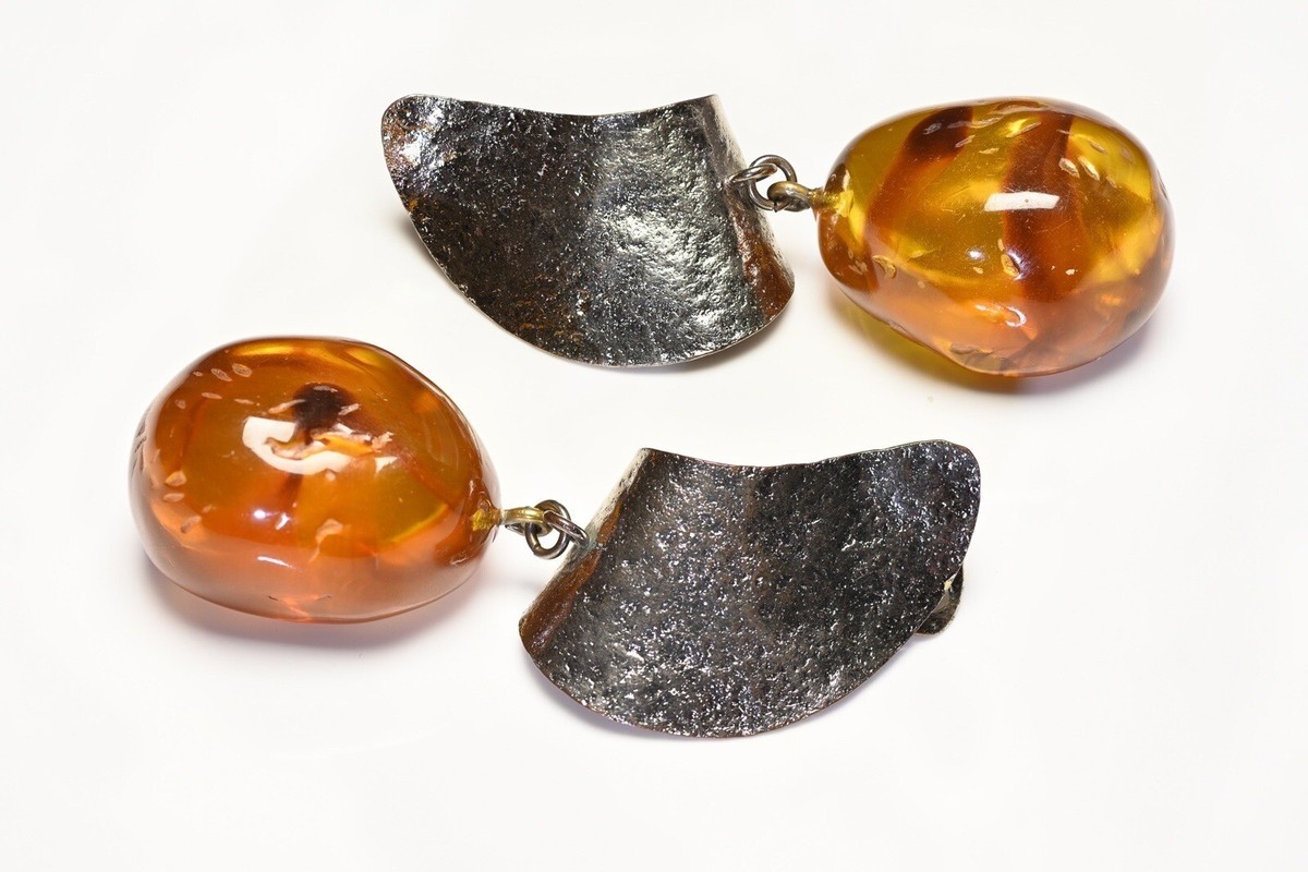 Philippe Ferrandis Paris Long Hammered Silver Tone Amber