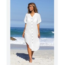 Cupshe Womens L White V-Neck  Curved Hem Button Up Cover-Up NEW