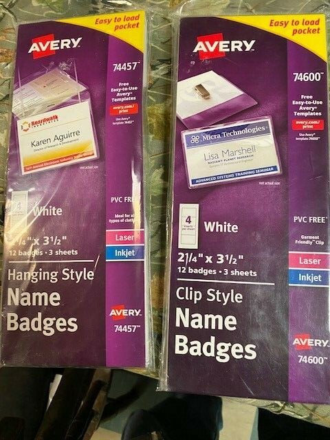 AVERY NAME TAGS LABELS BADGES 1-HANGING STYLE, 1 CLIP STYLE 12 ct X 2 ...