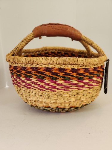 Large African Bolga Ghana Market Basket 9 1/2" Long Multicolored. Brown Handles