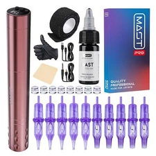 Mast Tattoo Gun Kit Tour Fly Slim Wireless Tattoo Pen Machine 10 Count Cartridge
