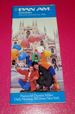 PAN AM AIRLINES TIMETABLE OCTOBER 1986 MILAN NY SCHEDULES ROUTE MAP VTG PAA 