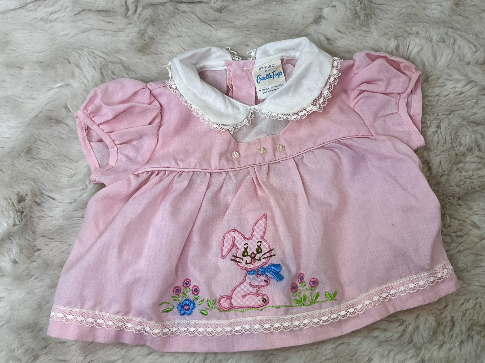Vintage Pink Baby Girl Dress Cradle Togs Easter Bunny 0-3 Months Embroidered