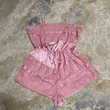Vintage Texsheen Romper Women s Medium M Pink Floral Lace Teddy One Piece USA
