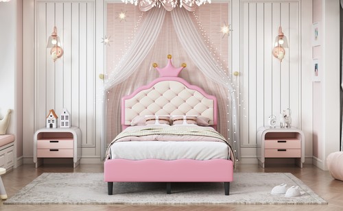 Twin Size Crown Princess Bed Frame PU Faux Leather Headboard Wooden Slatted Pink - Bild 12 von 14