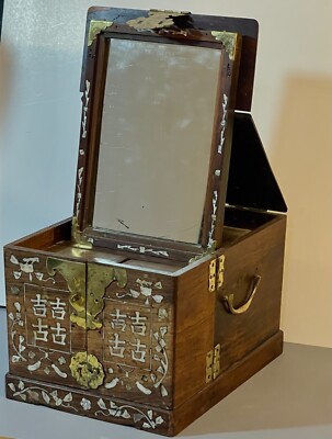 アンティーク雑貨 USAVINTAGE L CLIPBOARD WAVERLYGRAVEL Old Chinese Pearl Inlaid Wood Jewelry & Dressing Box With Mirror
