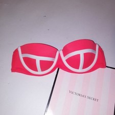Victoria Secret Swim Bikini Top 32B Bright Red White Push Up Padding Strapless