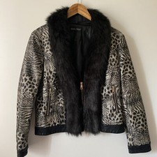 Frank Lyman Women Faux Leather Jacket Animal Print Detachable Fur Trim Size M