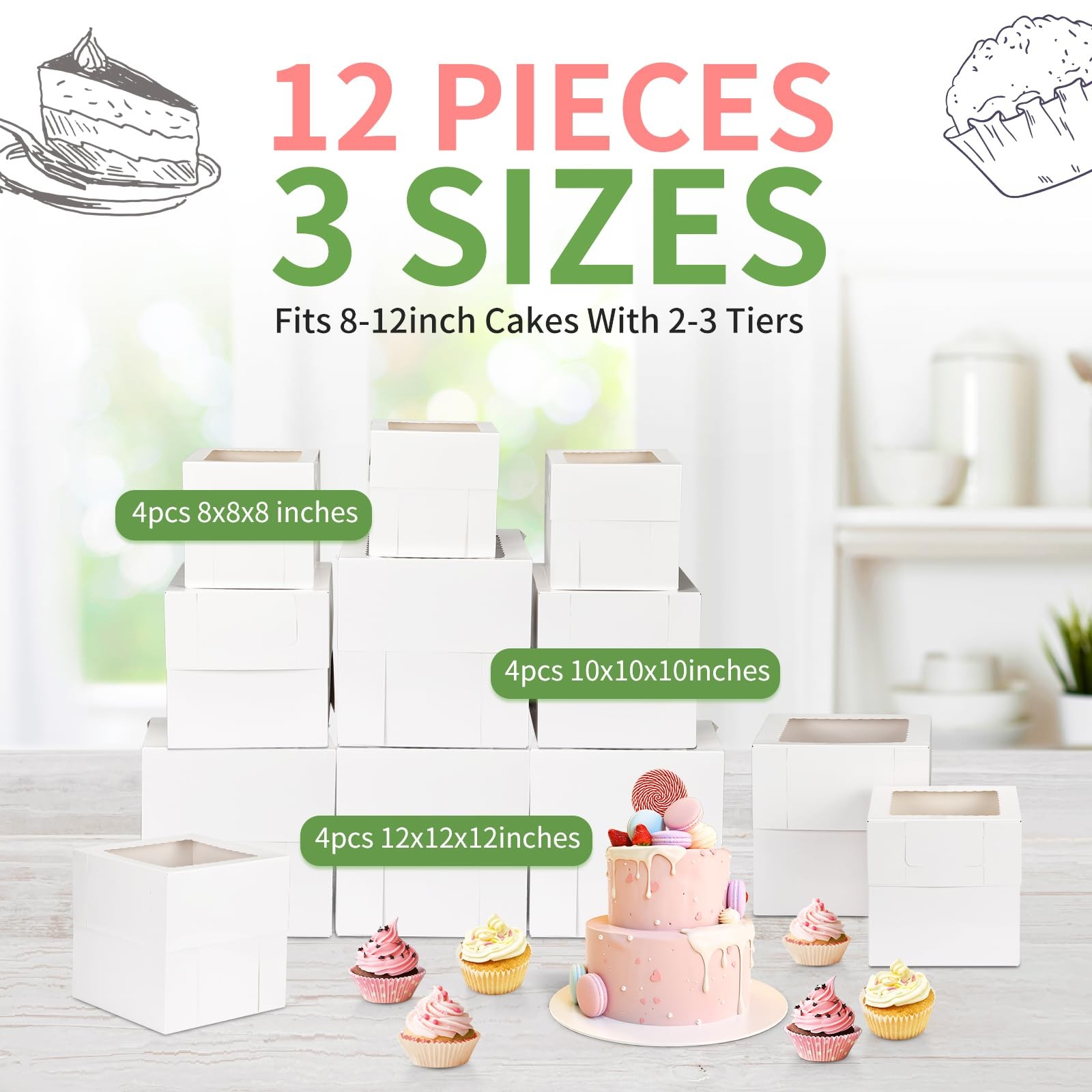 Moretoes 12 Pcs Cake Box Tall Boxes with Window in 3 Sizes 12x12x12 10x10x10