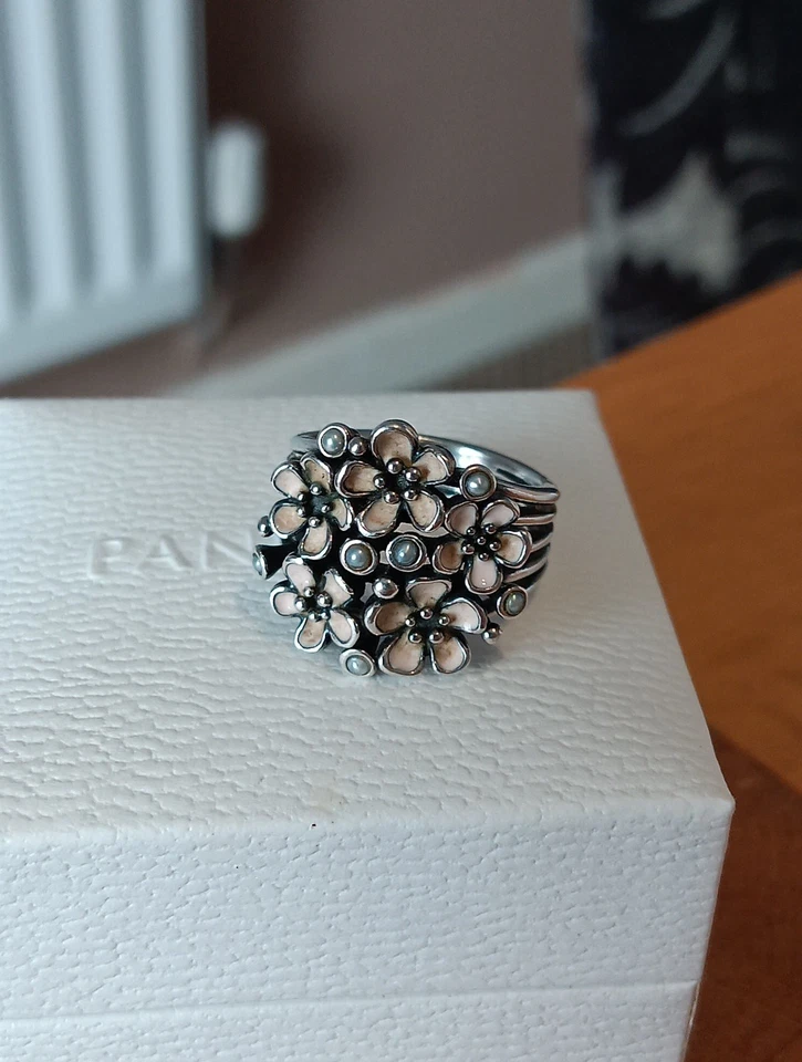Genuine Silver Pandora Cherry Blossom Bouquet Pearl Ring 190878en40 Size 50 - Image 3 of 4