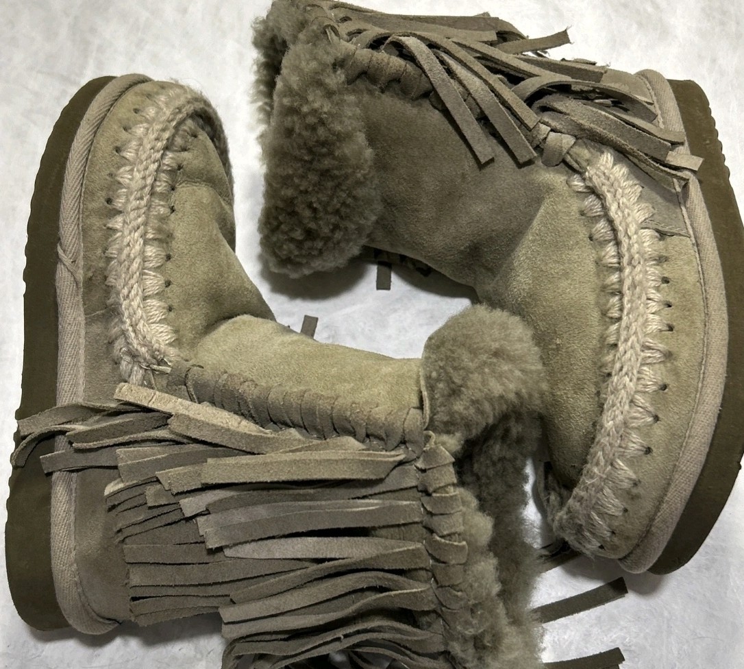 Mou Fringe Suede Sheepskin Lined Women’s Booties Whipstitch Eskimo Mukluk Mocs