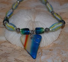 Wire Wrapped Swirl Blue Faux Sea Glass Necklace 16.75" Handmade Beaded Jewelry
