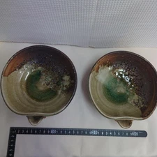 Y1130 Shigaraki ware Katakuchi pottery deep plate set of 2 green and brown