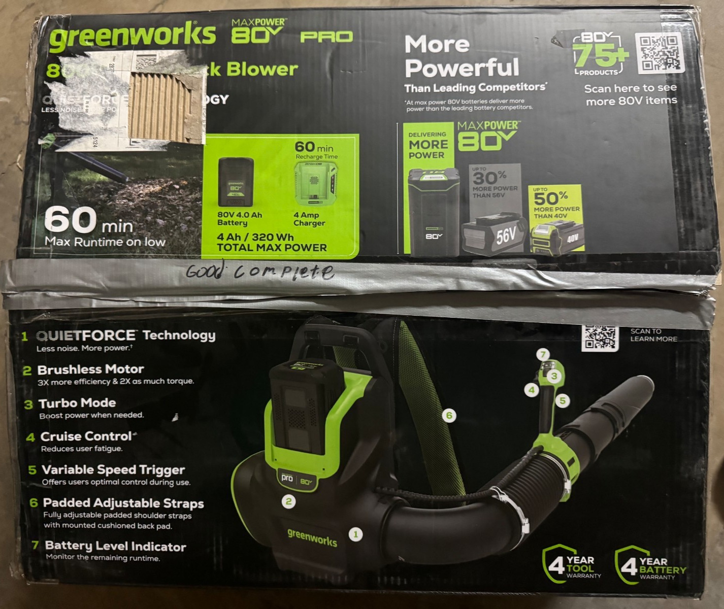 Greenworks 80V 800CFM Backpack Leaf Blower+Leaf Tarp 4Ah Battery & Rapid Charger