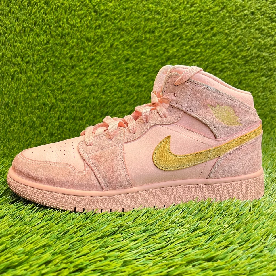 Nike Air Jordan 1 Mid Girls Size 7Y Pink Gold Outdoor Leather Shoes Sneakers - Image 4 of 4