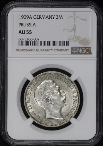 1909 A German States Prussia Silver 3 Mark KM#527 NGC AU-55