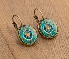 Vintage Style Mandala Glass Dome Drop Earrings Round Boho Design Jewellery Gift