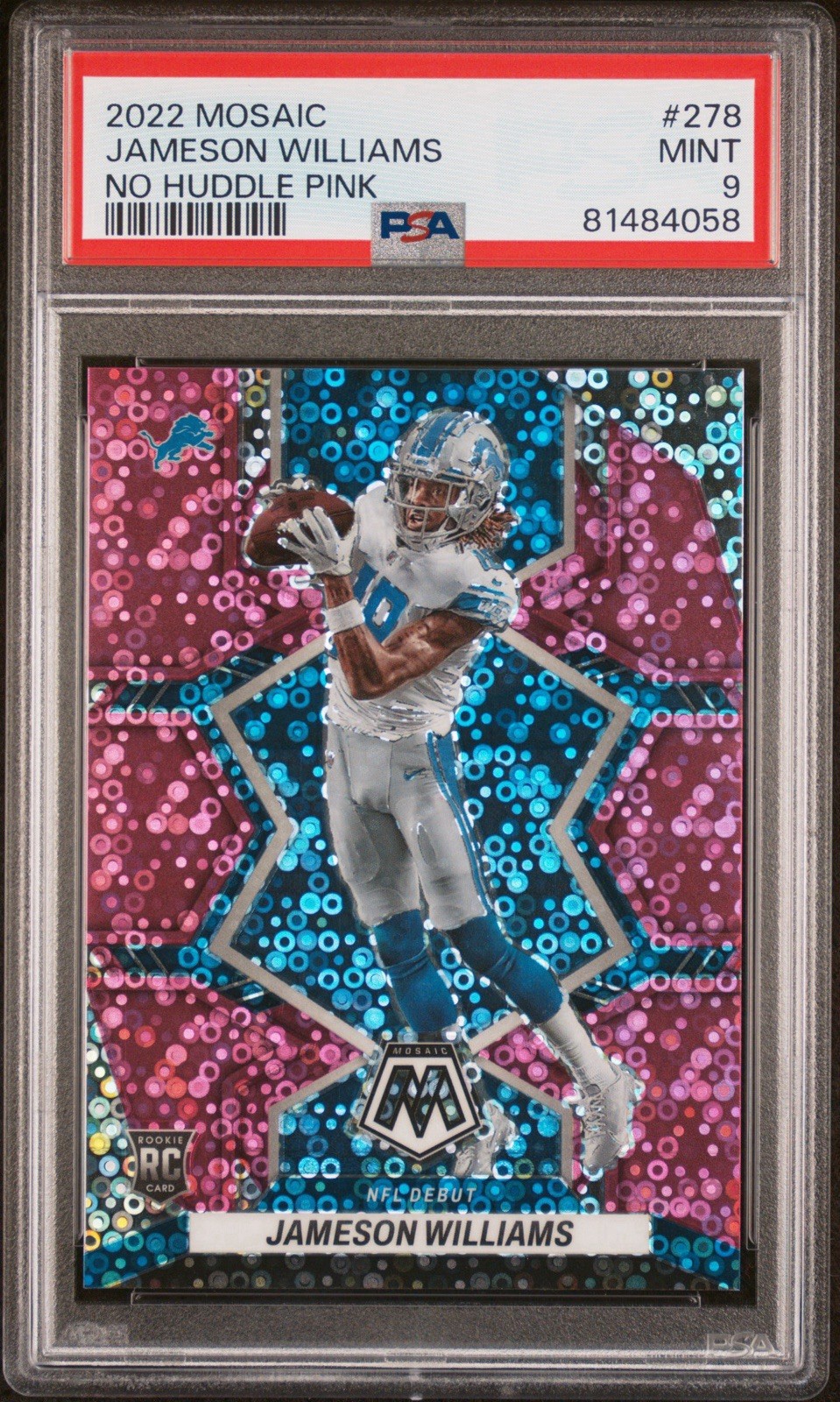 2022 Panini Mosaic Jameson Williams Pink No Huddle Debut Rookie /20 PSA 9 Lions