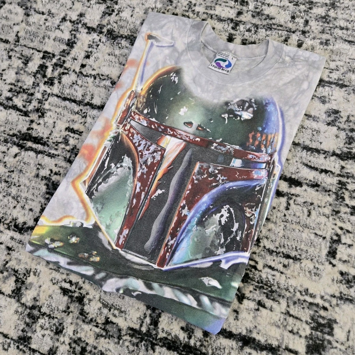 Vtg 1997 Star Wars Boba Fett Liquid Blue Tie Dye T-Shirt Large