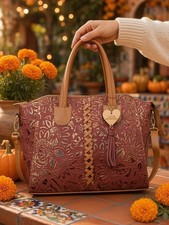 Dusty Burgundy Red Wine Sunflower Tooled Leather Tote Mexican Artisan Bag Purse