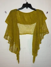 Crochet Shawl Wrap With Fringe OSFM Button Closure Mustard Yellow Boho Chic