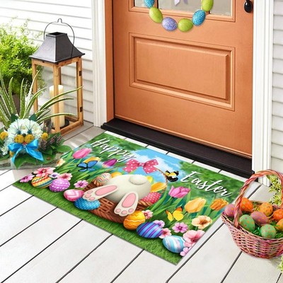 Happy Easter Decorative Door Mat Bunny Eggs Welcome Doormat for Indoor Outdoo...