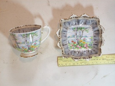Manny ROYAL ALBERT CROWN CHINA SILVER BIRCH ENGLAND MINT DISH & TEA CUP LOT OF 2