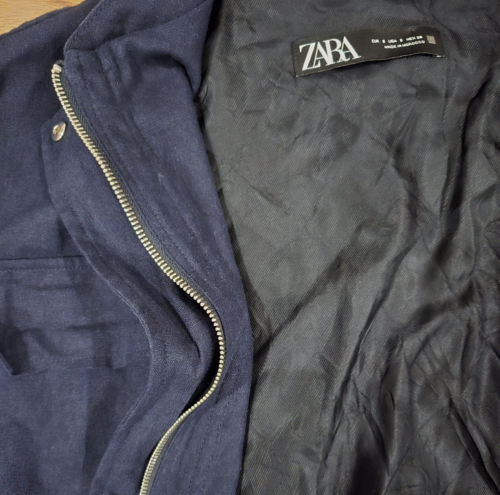 Zara navy blue linen blend bomber jacket size S long oversized women's unisex image 6