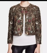 149 Alice Olivia Brown Kidman Sequins Beaded Floral Cropped Jacket L