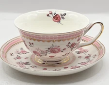 Grace Teaware Fine Porcelain Pink Rose Pink Band Footed Cup and Saucer Set 7 oz.