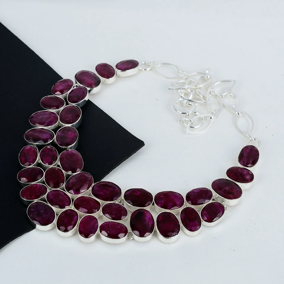 Bello Rosso Rubino Gemma Artigianale 925 Argento Sterling Collana Per Love Gifts - Immagine 3 di 4
