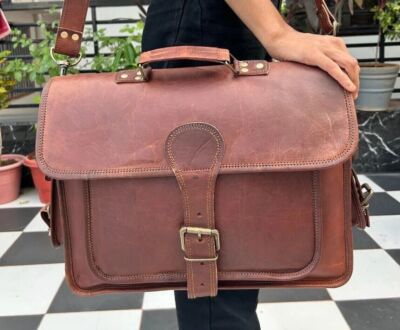 47 CM Men's Shoulder Genuine Leather Messenger Briefcase Satchel Vintage Bag