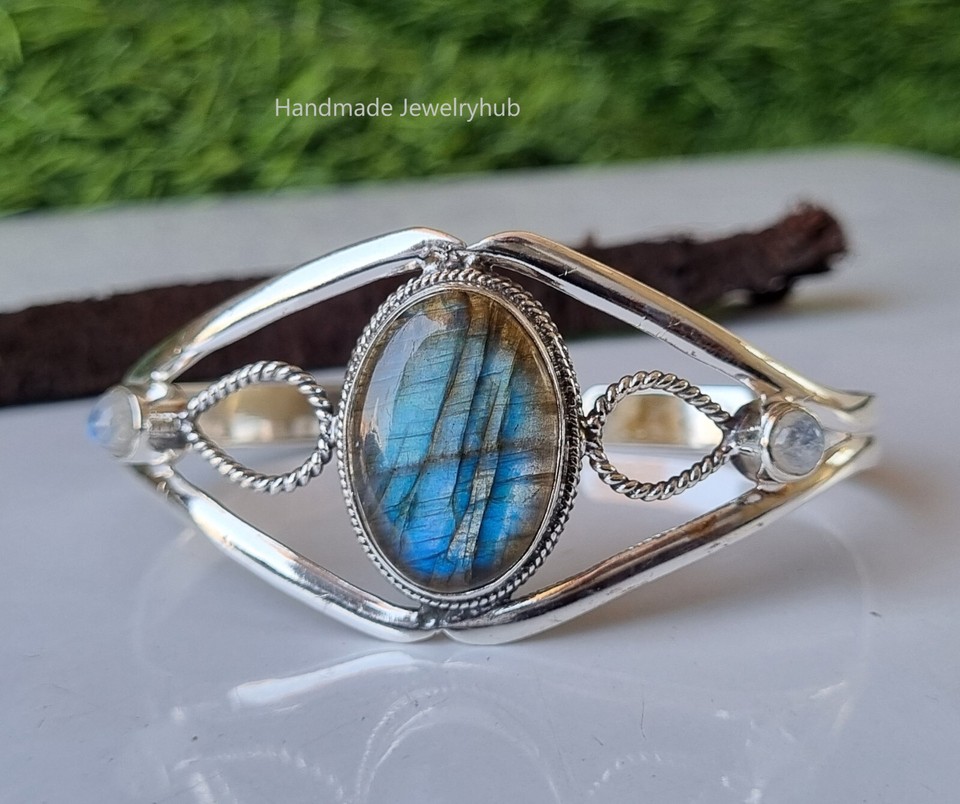 Blue Labradorite & Moonstone Bangle 925 Sterling Silver Handmade Gift