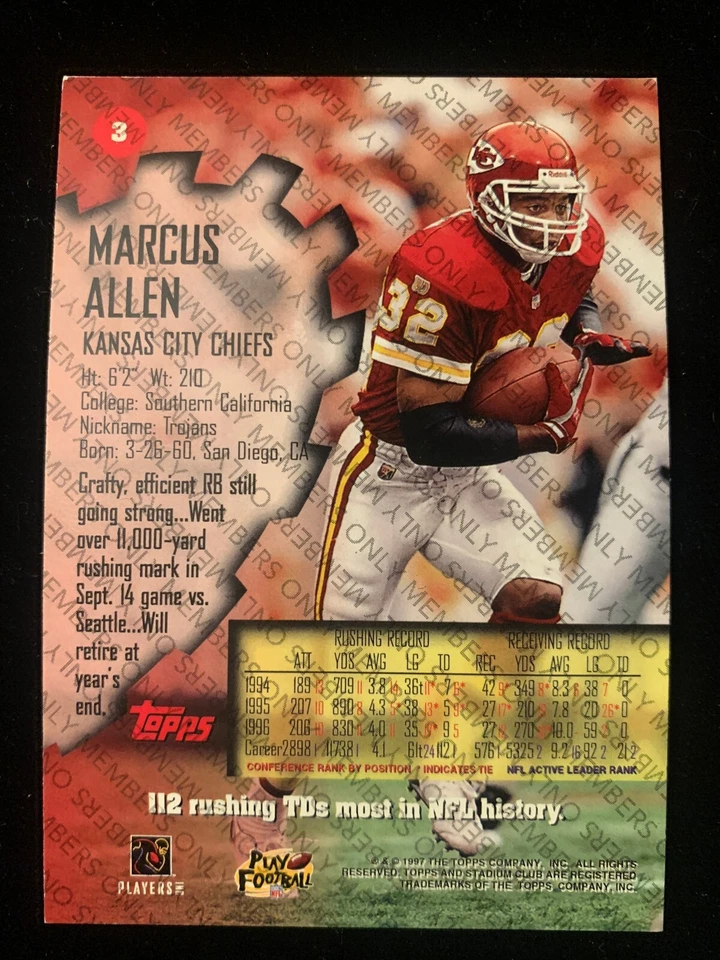 1997 Stadium Club Members Only Football singles #1 - #170 - choose from list  - Image 2 of 2