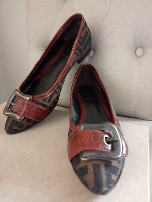 FENDI Damen Schuhe flach Ballerinas Logo braun Canvas Stoff Leder Schnalle 39