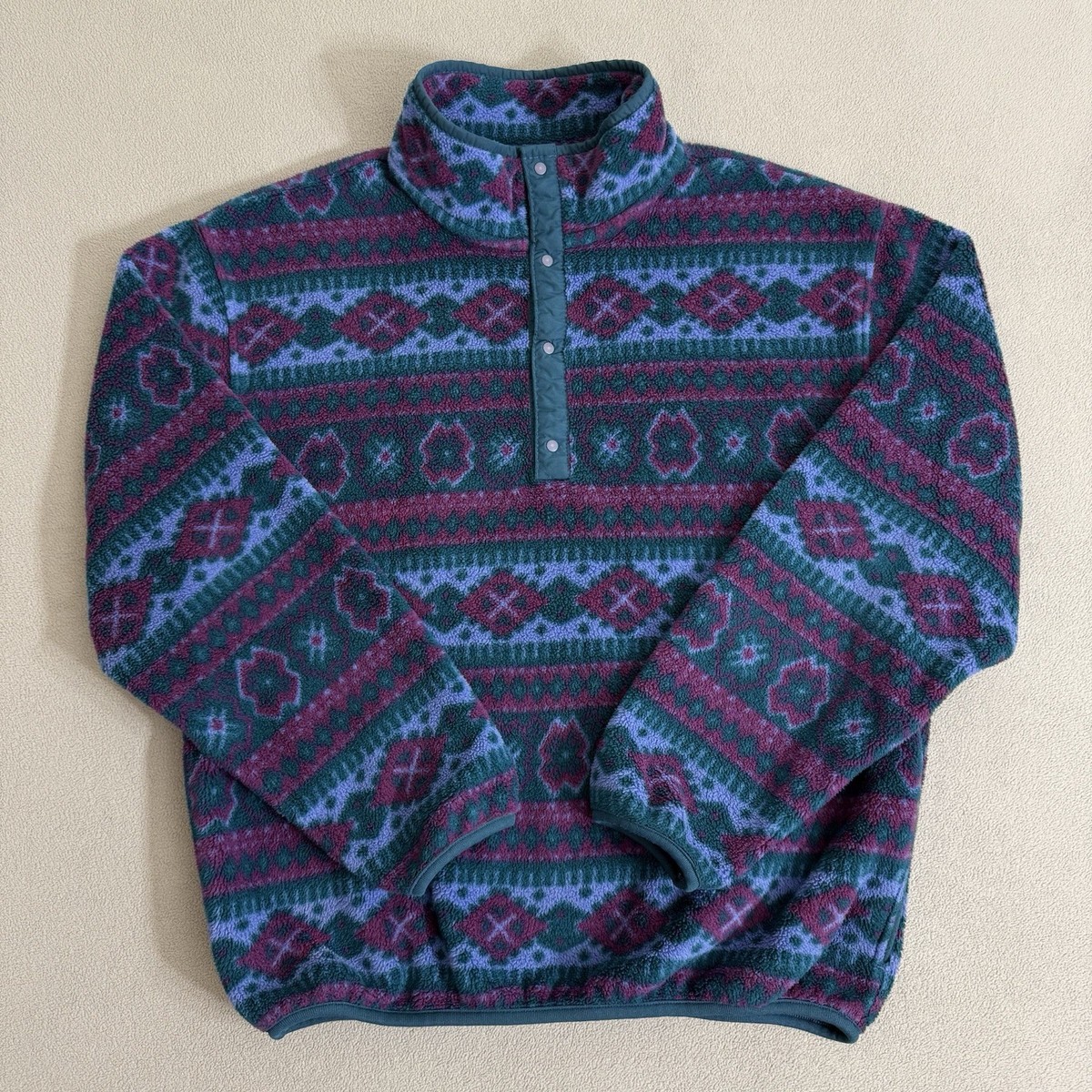 Vintage LL Bean Snap T Fleece Pullover Jacket Size M Navajo Aztec USA Made 90s View 2