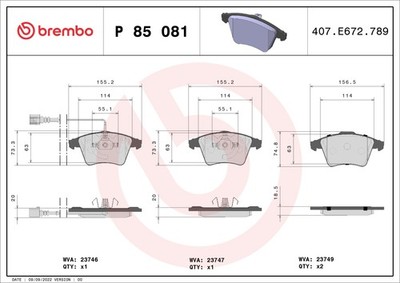 P 85 081 Brembo brake pad set, disc brake for VW