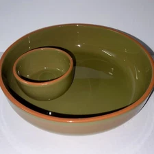 Chip and Dip Bowl Harry & David Round Serving Platter Dish Plate Green & Clay