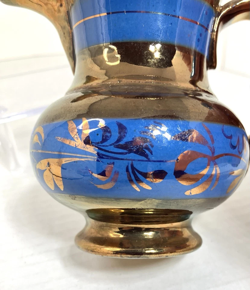 Antigua jarra de principios de 1800 color cobre brillo azul bandas brillo decoración 4,5 Foto 2 de 4