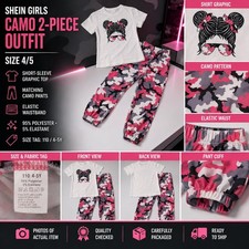 SHEIN Girls Camo 2-Piece Outfit Short-Sleeve Graphic Top Pink Camo Pants Size