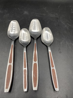 VTG MCM Eldan Brown Faux Wood Inlay Stainless Steel Japan Flatware 4  spoons A