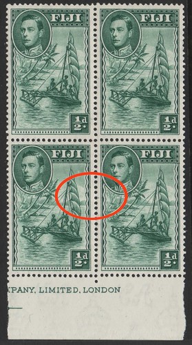 Fiji 1938 ½d green perf 13½ sg249 r6/6 bar of colour in right border variety