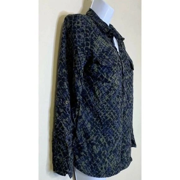 Espléndida Blusa Top Popover Cuello en V S Estampado Piel de Serpiente Rayón Manga Larga Azul Griega Foto 3 de 4
