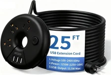 Extra Long Extension Cord 25 Ft, Flat Plug Power Strip with 3 Outlets 3 USB