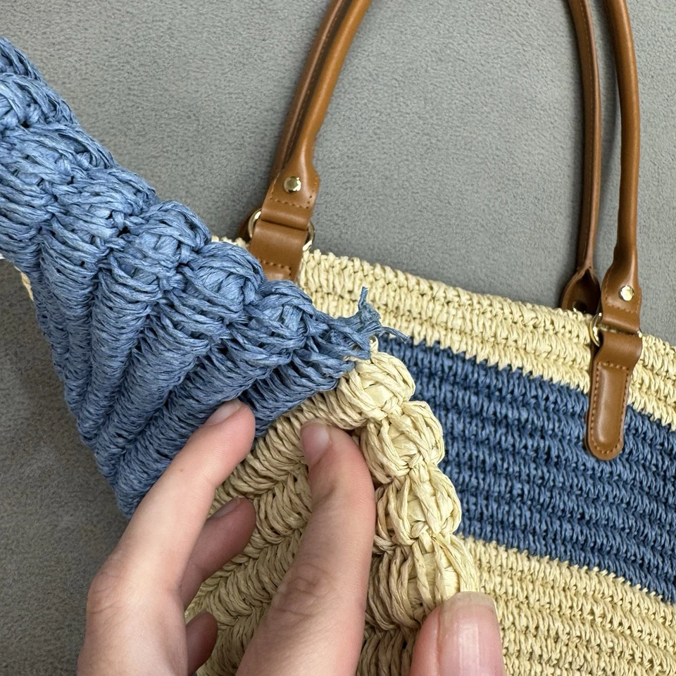 Nuevo Bolso de Mano Tommy Bahama Grande de Paja Cuero Genuino Tejido Azul Vacaciones Foto 4 de 4