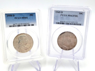 Set of Two 1949 D 50C PCGS MS63FBL and 1958 D 50C PCGS MS64 Lot.H56
